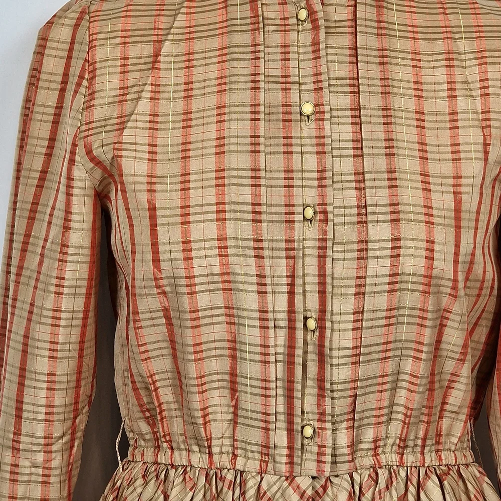 Vintage Japanese Cordier Gold Red Beige Tartan Pleated Fit And Flare Dress 10 - Picture 6 of 8